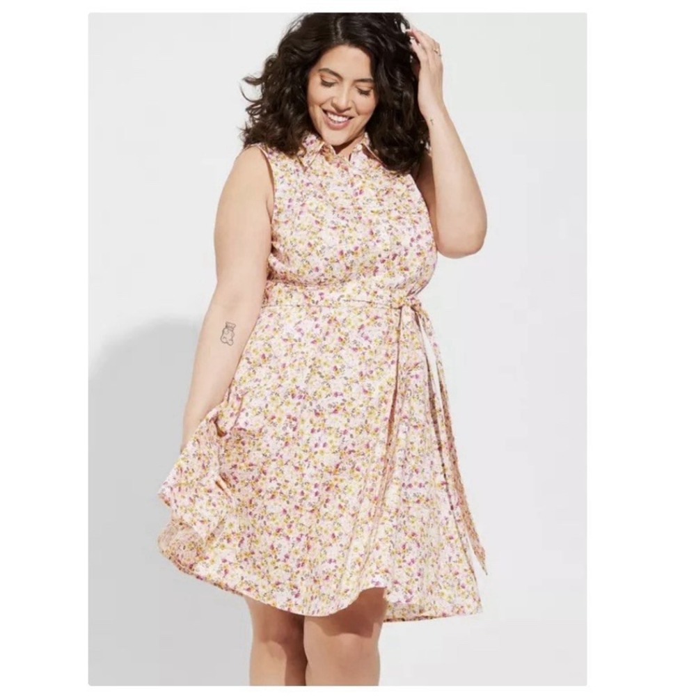 Torrid Floral Cotton Poplin Collar Button Up Belt‎ Sleeveless Shirt Dres Size 2X